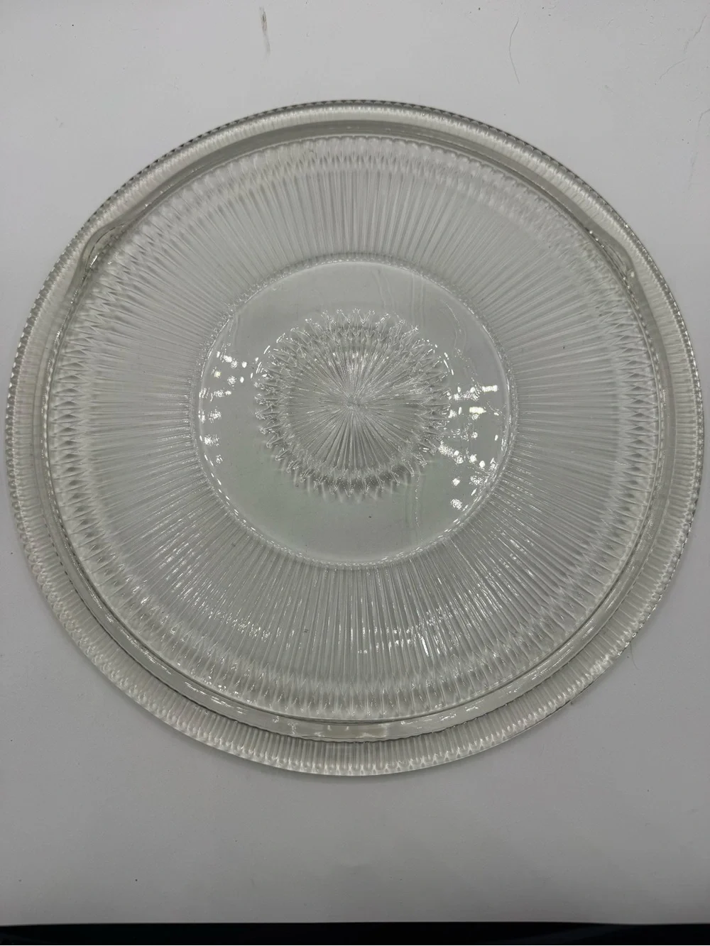 Vintage Jeanette Glass Anniversary Ribbed “Starburst” 12 1/2” Cake Plate Platter